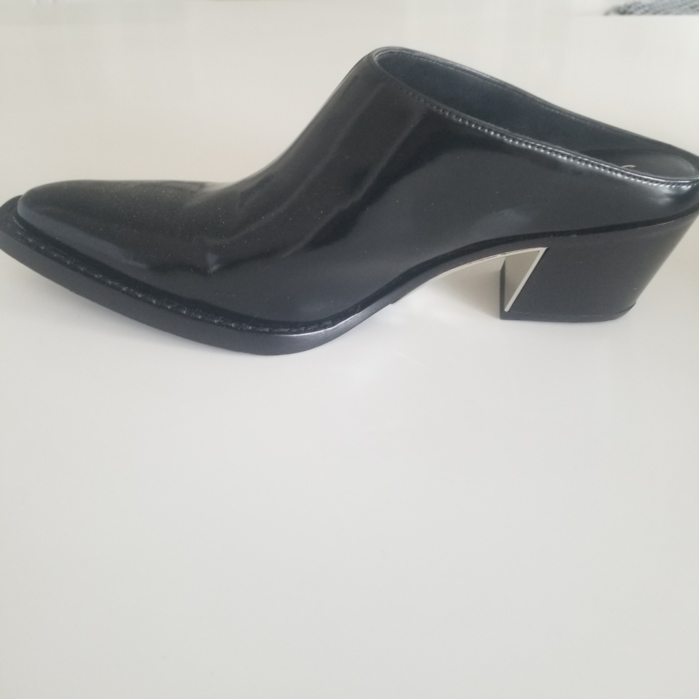 3.1 Phillip Lim Glossy Black Mules with Metallic Heel